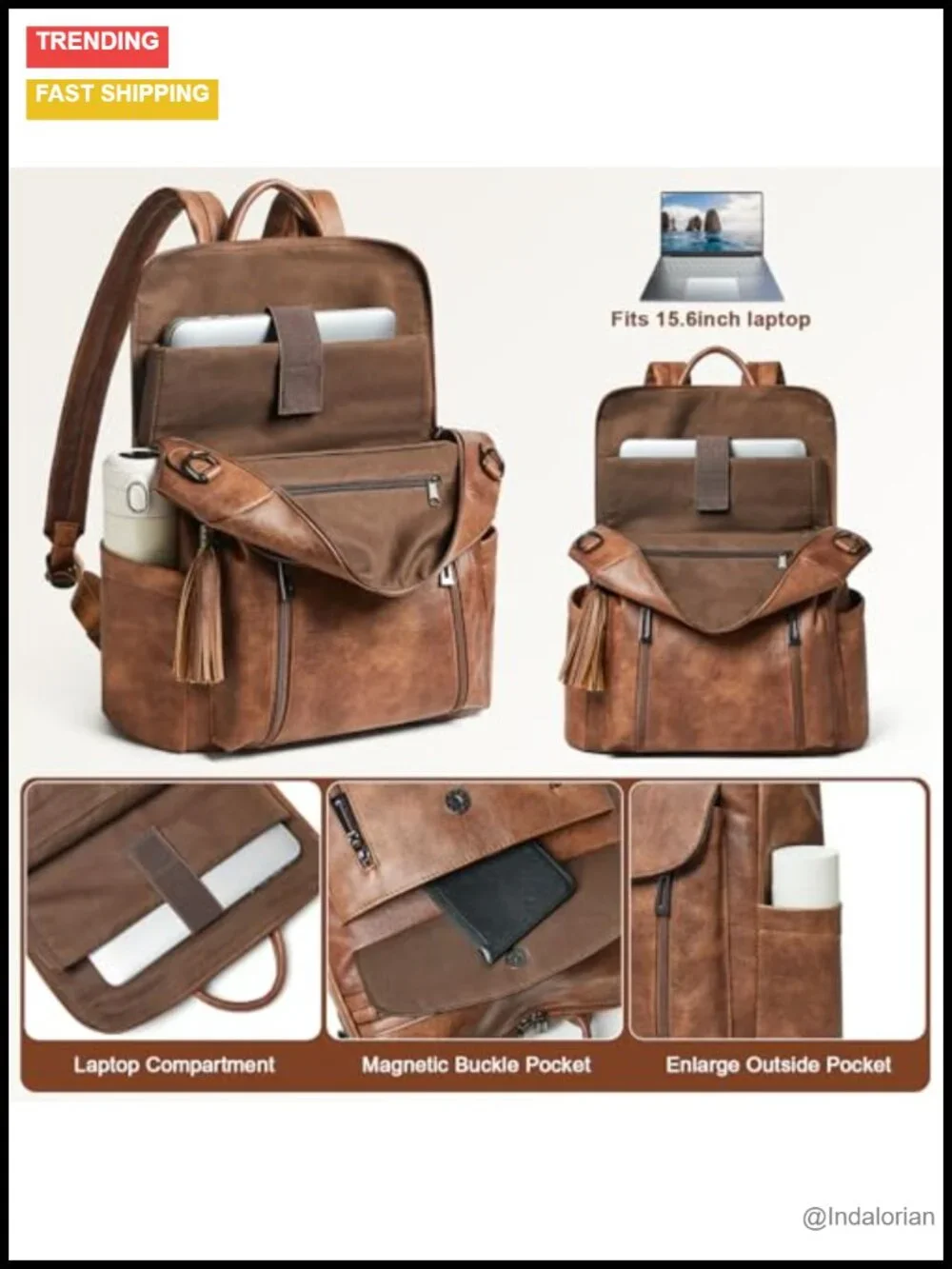 Faux Leather Laptop Backpack 15.6 inch Travel Work Water Resistant Daypack